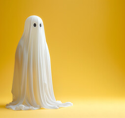 Creative template concept. White veil cloth costume sheet ghost halloween on bright yellow background. copy text space