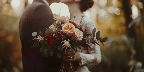 Newlyweds share a kiss with a focused bouquet. Concept Wedding, Newlyweds, Kissing, Bouquet, Romantic