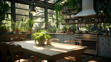 Fototapeta premium A nature-inspired kitchen space featuring organic textures, greenery, and natural light