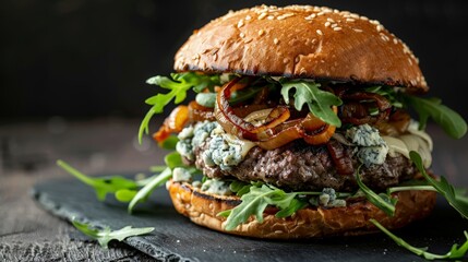 Gourmet hamburger with blue cheese, arugula, and caramelized onions, set against a dark, simple backdrop to focus on the sophisticated ingredients and presentation