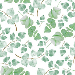 Watercolour green leaves isolated on white background, hand drawn, vector. Seamless floral pattern-341.