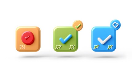 Label set with percent, check mark and discount. App icon. 3D Web Vector Illustrations. White background