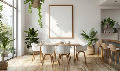 Bright dining room with a mockup frame on the wall