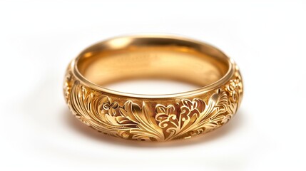 A beautifully crafted gold ring with an elaborate engraved pattern, isolated on a white background, showcasing its detailed artistry