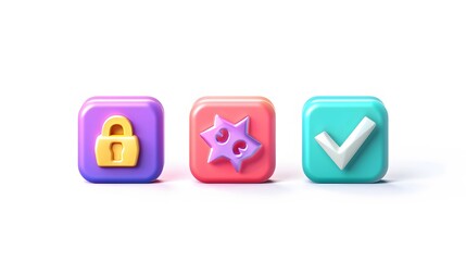 Label set with percent, check mark and discount. App icon. 3D Web Vector Illustrations. White background