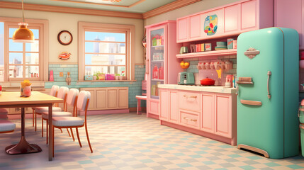 Fototapeta premium A retro-themed kitchen featuring vintage appliances, checkered flooring, and bright pastel hues