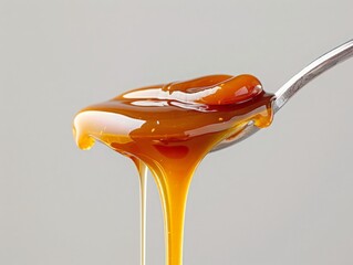 Rich golden caramel sauce dripping from a spoon, captured mid-pour against a neutral white...