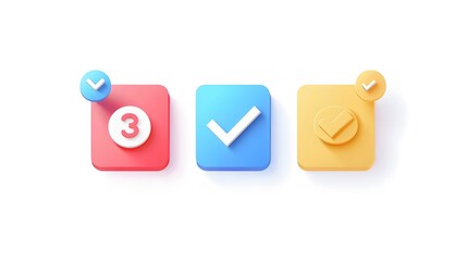 Label set with percent, check mark and discount. App icon. 3D Web Vector Illustrations. White background