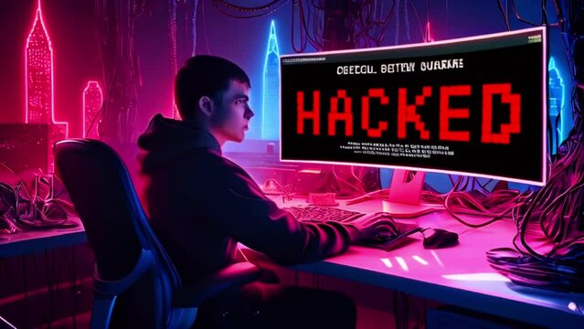 A young person is sitting in front of a computer in a dark room. The word "hacked" is displayed in large, red letters on the screen.