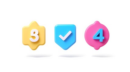 Label set with percent, check mark and discount. App icon. 3D Web Vector Illustrations. White background