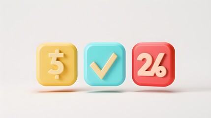 Label set with percent, check mark and discount. App icon. 3D Web Vector Illustrations. White background