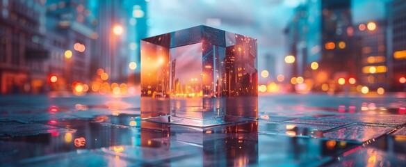 Fototapeta premium A vibrant urban scene featuring a transparent cube on a wet surface, with city lights reflecting on it.
