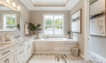 Serene bathroom with an empty frame above the vanity