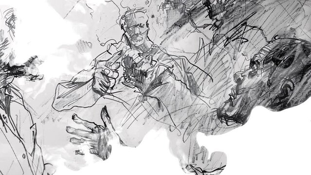 Robocop, Hand Drawn, 4K Ink Splash Animation. Robocop in a Hand drawn format, Black & White, Scribble style video for creative storytelling, 4K Ink Splash Animation