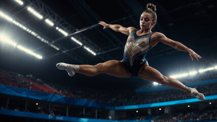Female gymnast is performing a split jump during a gymnastics floor routine in a large arena