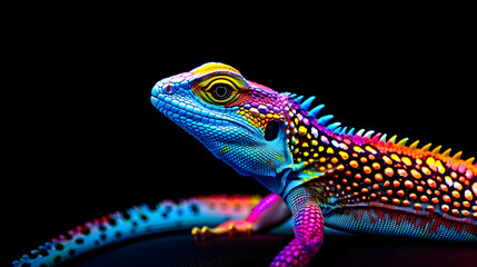 Fototapeta premium A colorful neon lizard isolated on a black background