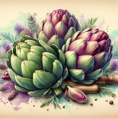 Fototapeta premium Artichokes with abstract watercolor background, copy space,background concept