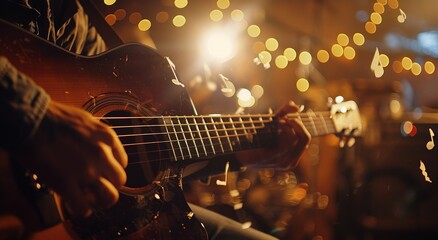 Fototapeta premium Close Up of a Musician Playing Acoustic Guitar at Night