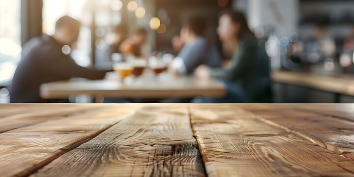 Blurred image of busy city bar with patrons at wooden counter. Concept Citylife, Bar Scene, Blurred Background, Nightlife, Urban Lifestyle