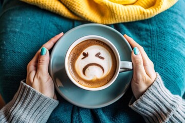 Closeup woman hands holding coffee cup with sad face