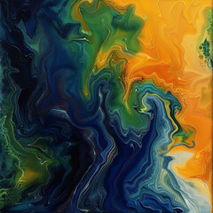 Abstract painting symbolizing optimism and resolution. Warm gold, orange, and yellow tones merge into cooler blues and greens, with chaotic lines organizing into harmony. 