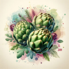 Fototapeta premium Artichokes with abstract watercolor background, copy space,background concept