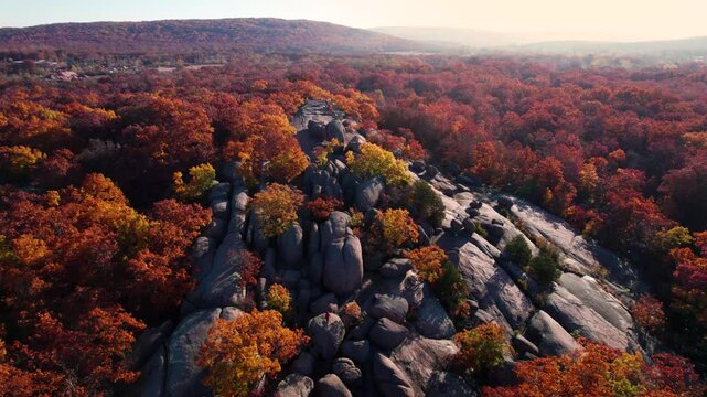 Drone Epic Fantasy Rocky Landscape During Fall Foliage. Early Morning Sunrise Light No People Elephant Rocks Missouri.
