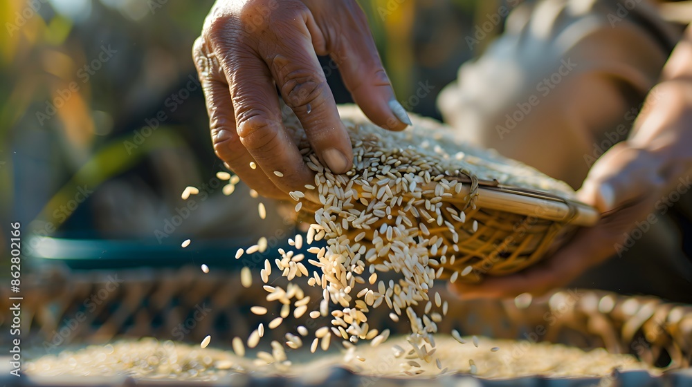 Wall mural farmer selects the impurity out off the grain jasmine rice seed by traditional hand process. rice se