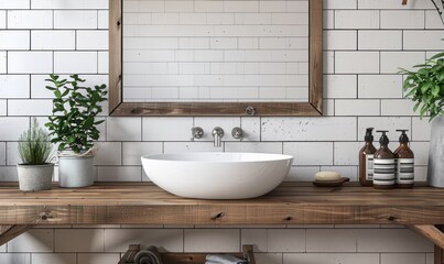Rustic bathroom with a blank frame above the sink