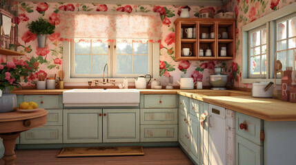 Fototapeta premium Construct a cozy, cottage-style kitchen with floral wallpaper and a farmhouse sink