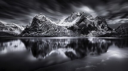 Majestic ice-covered mountains reflecting in calm sea waters at dawn