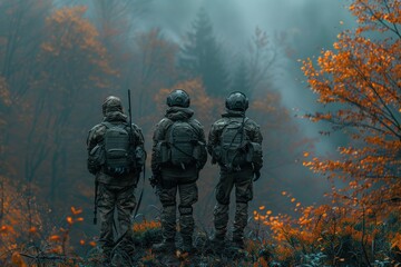 Three soldiers dressed in tactical gear, standing in a misty forest with vibrant orange foliage, facing away from the camera, evoking a sense of readiness and duty.
