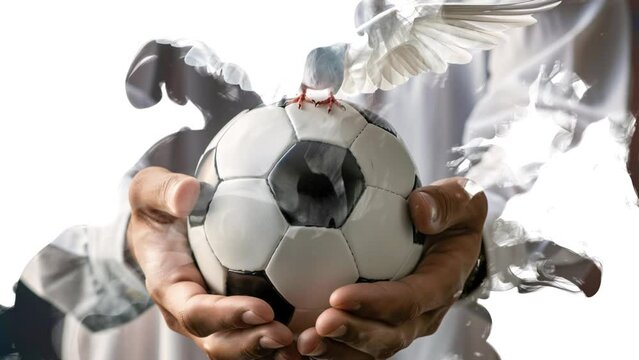 white dove on soccer ball in hands - symbol of peace and sports activism for peaceful football championships animation