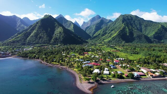 Aerial view of Teahupoo reef and village, Tahiti, French Polynesia.