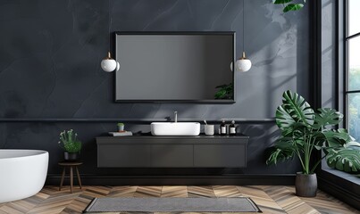 Modern bathroom with a blank frame above the vanity