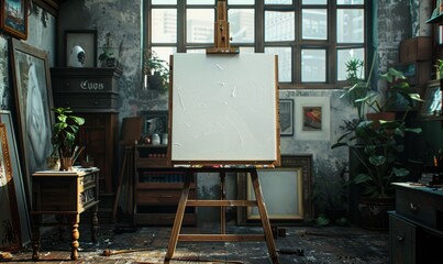 Art studio with a blank canvas on an easel