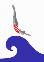 Young woman in black and white with red striped swimsuit diving into stylized blue wave against white background. Elegance and dynamic. Contemporary art collage. Concept of summer, retro, vacation