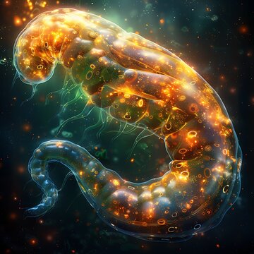 Pancreas radiant goldenyellow organ a smooth reflective surface The pancreatic tissue glows softly and the ducts are highlighted in shades of green Set this pancreas against a dark starry background