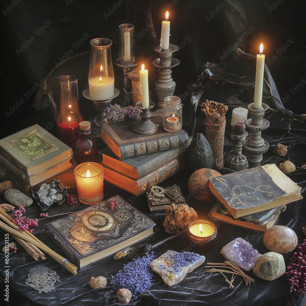 Wall mural Halloween, books, candles, ritual, mysticism, magic, ai generative	
