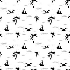 Summer vacation vector seamless  pattern with palm tree, ship, seagull and waves. Aloha party, Hawaii graphic concept. Can be used in textile and wallpaper, wrapping-paper design.
