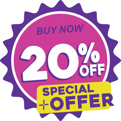 Vector a purple sticker that says buy now 20 % off.
