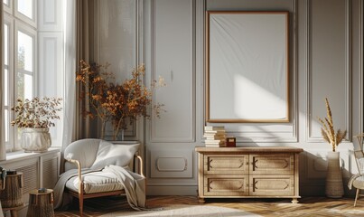 Elegant bedroom with a blank canvas on the dresser