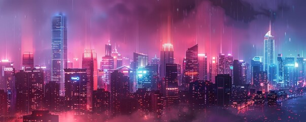 Obraz premium A futuristic city skyline with neon lights. Realistic.
