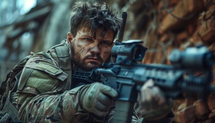 Obraz premium Focused Modern Soldier with Intense Expression Aiming Rifle in Combat Gear