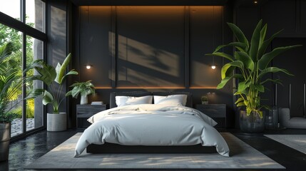 A contemporary bedroom in black with a minimalist aesthetic, featuring clean lines and uncluttered space. The photo includes generous copy space for creative uses.