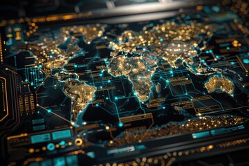 Golden digital world map with blue network connectivity lines on a slick and glossy futuristic background , conectivity.