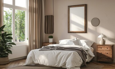 Elegant bedroom with an empty frame on the dresser