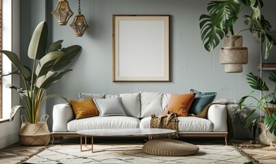 Cozy living room with a blank frame on the shelf