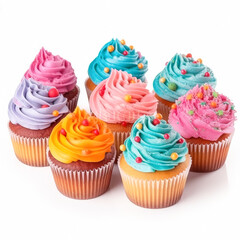 A set of colorful cupcakes with various toppings such as cherries, strawberries, and blueberries