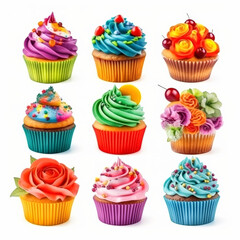 A set of colorful cupcakes with various toppings such as cherries, strawberries, and blueberries